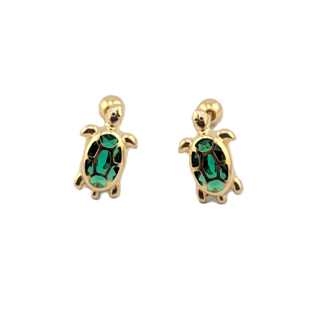 14K Yellow Gold Turtle Stud Earrings Green Cubic Zirconia Jewelry - Picture 3 of 8